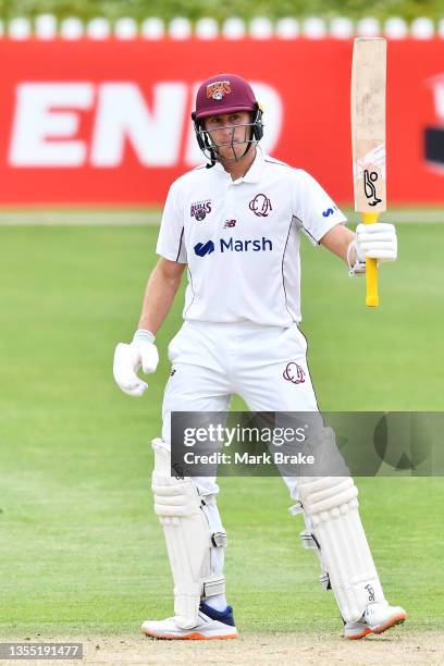Marnus Labuschagne of the Queensland Bulls celebrates making his half century during day two of the Sheffield Shield match between South Australia...