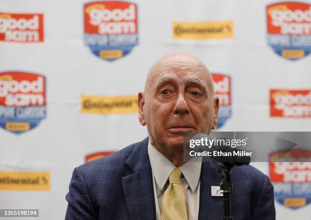 College basketball analyst Dick Vitale becomes emotional as he speaks during a news conference before a game between the No. 1 Gonzaga Bulldogs and...