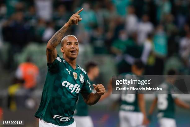 Deyverson of Palmeiras celebrates after scoring the second goal of his team during a match between Palmeiras and Atletico Mineiro as part of...