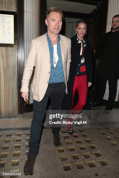 Ronan Keating and Missy Keating seen attending Kelly Hoppen's CBE party at Langan's Brasserie on November 23, 2021 in London, England.