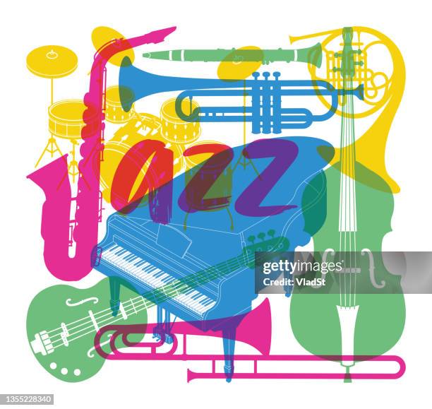 stockillustraties, clipart, cartoons en iconen met jazz music concert band musical instruments poster overprint design - muziekinstrument