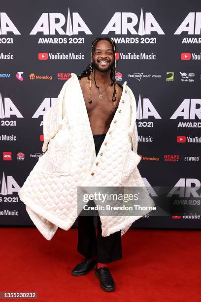 Genesis Owusu attends the 2021 ARIA Awards at Taronga Zoo on November 24, 2021 in Sydney, Australia.