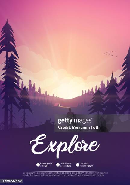 stockillustraties, clipart, cartoons en iconen met camp poster with pine forest, and mountains poster - wandelen bos