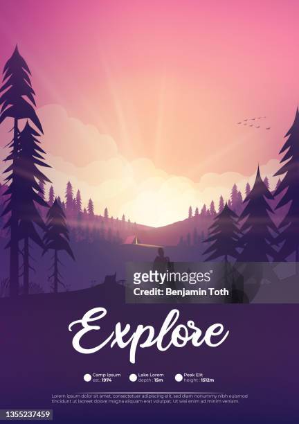 ilustrações de stock, clip art, desenhos animados e ícones de camp poster with pine forest, and mountains poster - horizon