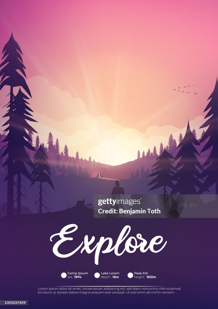 Camp poster with pine forest, and mountains poster
