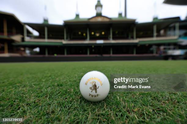 White Kookaburra ball is seen at Sydney Cricket Ground, on November 24 in Sydney, Australia.