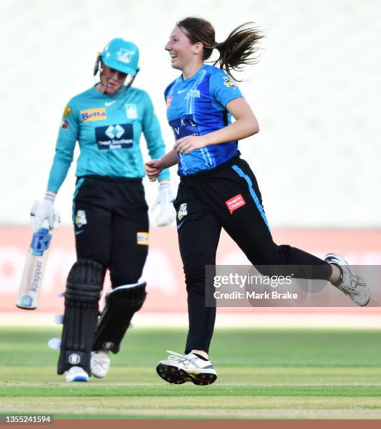 Darcie Brown of the Adelaide Strikers celebrates the wicket of Georgia Redmayne of the Brisbane Heat during the Women's Big Bash League 'The...