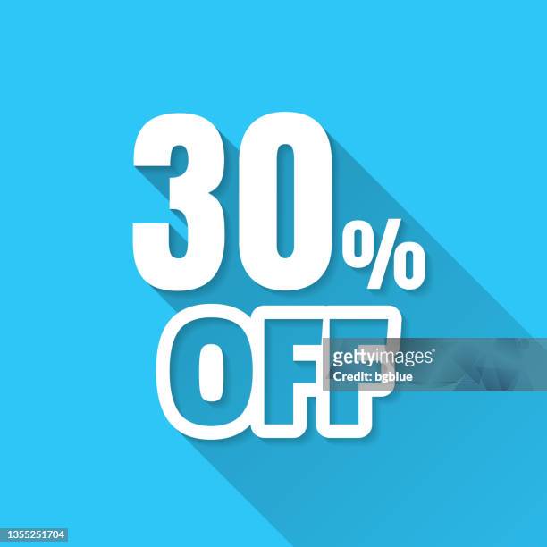 stockillustraties, clipart, cartoons en iconen met 30 percent off (30% off). icon on blue background - flat design with long shadow - long term investment