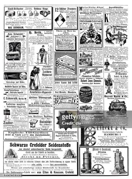 ilustraciones, imágenes clip art, dibujos animados e iconos de stock de anuncios en la revista alemana de 1887 - 1887