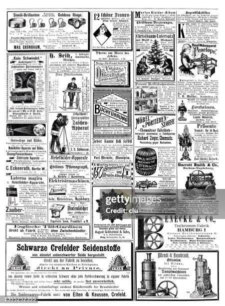 ads in german magazine of 1887 - old advertisement stock illustrations