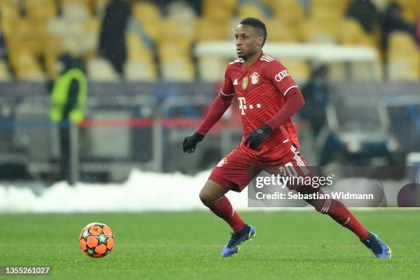 Bouna Sarr of FC Bayern München plays the ball during the UEFA Champions League group E match between Dinamo Kiev and Bayern München at Olimpiysky on...