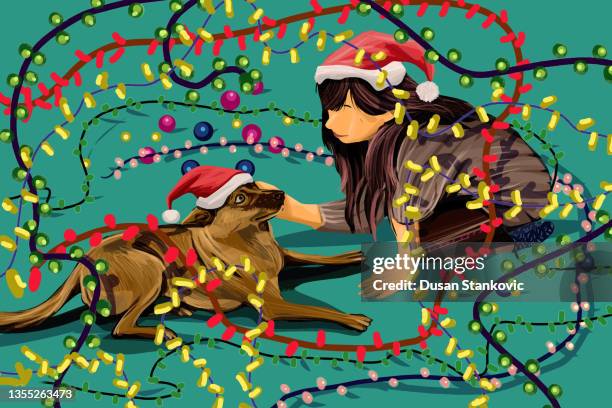 pet love under christmas lights - charming house stock illustrations