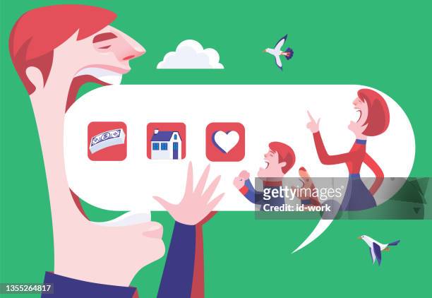 ilustrações, clipart, desenhos animados e ícones de homem comendo bolha de fala com esposa e filho culpando - stubborn