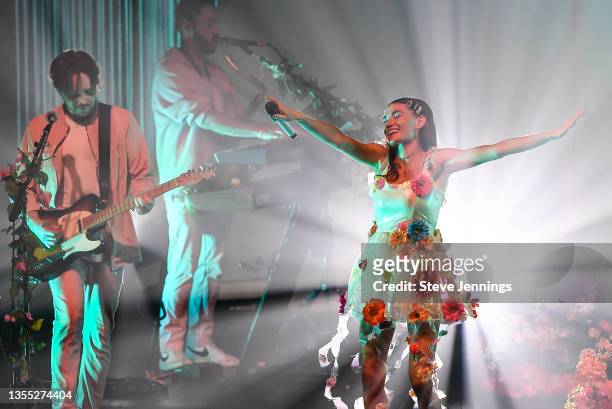 Mandy Lee, Mike Murphy and Marc Campbell of MisterWives perform at The Regency Ballroom on November 23, 2021 in San Francisco, California.