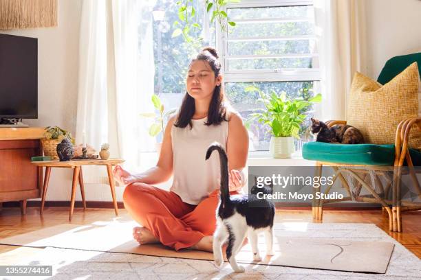 full length shot of an attractive young woman sitting on a mat and meditating at home - yoga stockfoto's en -beelden