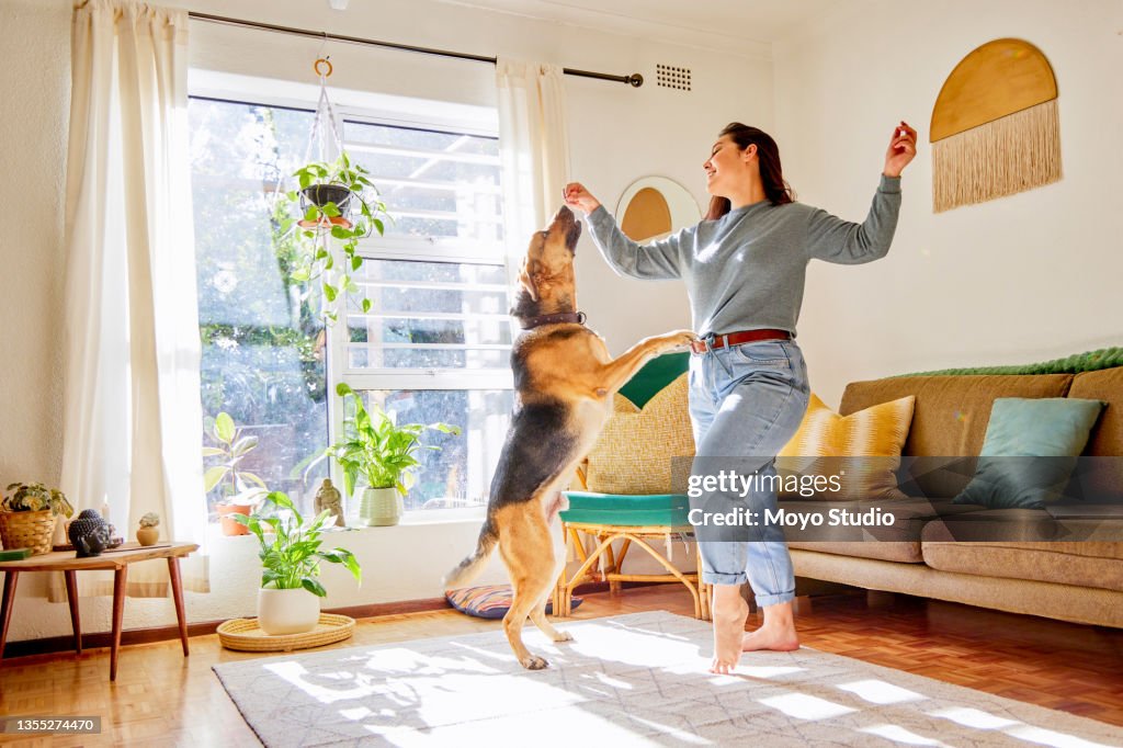 Full length shot of an attractive young woman dancing with her dog in the living room at home
