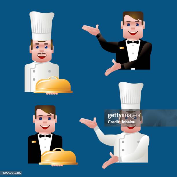 set chef and waiter professional workers - restaurant-waiter-uniform stock illustrations