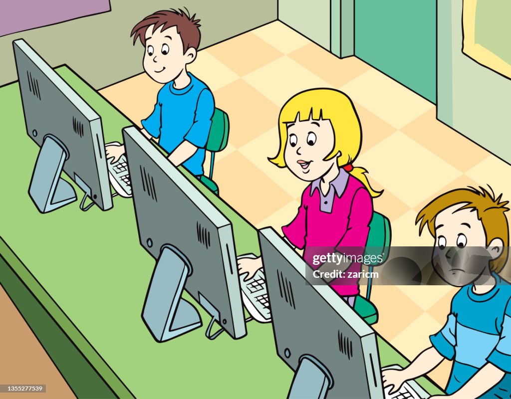 Niños En Edad Escolar En El Conjunto De Lecciones De Informática Y  Programación Niños Que Trabajan En Computadoras Aprenden Robótica Y  Programación Vectorial Ilustraciones Ilustración de stock - Getty Images
