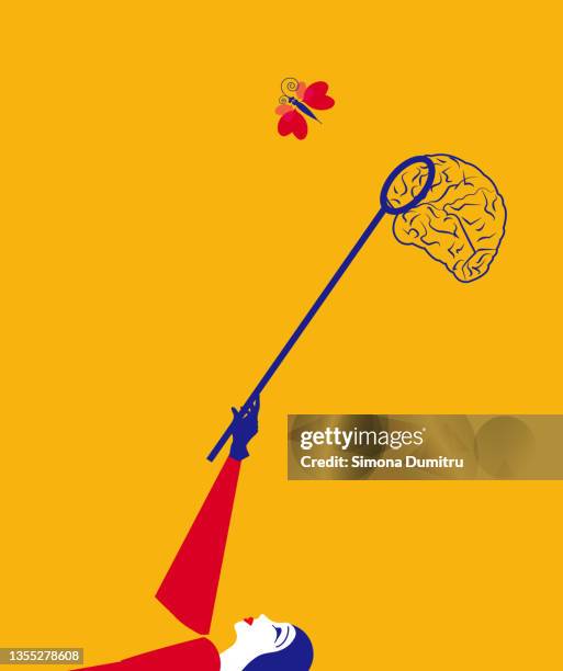 illustration of a girl catching a butterfly with a brain net, yellow background - catching butterflies stock pictures, royalty-free photos & images