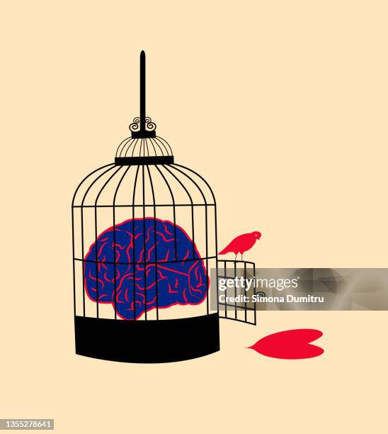 illustration of a caged brain with a free heart and a red bird looking at the heart - vogelkäfig stock-fotos und bilder