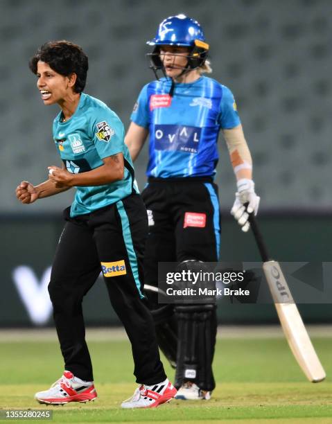 Poonam Yadav of the Brisbane Heat celebrates the wicket of Laura Wolvaardt of the Adelaide Strikers during the Women's Big Bash League 'The...