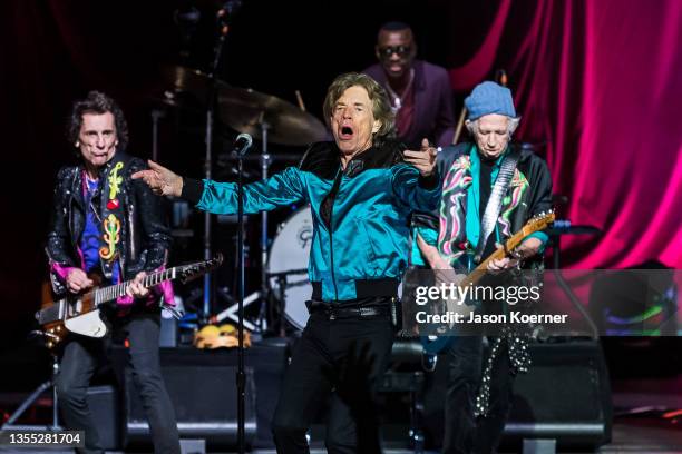 Ronnie Wood, Mick Jagger, Steve Jordan and Keith Richards are seen performing onstage during the final stop of the "No Filter" tour at Hard Rock Live...