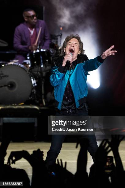 Steve Jordan and Mick Jagger are seen performing onstage during the final stop of the "No Filter" tour at Hard Rock Live on November 23, 2021 in...