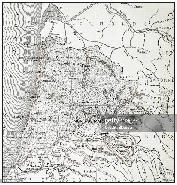 antique french map of landes (département) - aquitaine stock illustrations