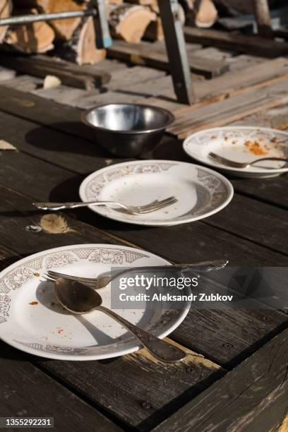 dirty empty plate, fork and spoon on a wooden picnic table, outdoors. the cutlery used symbolize the end of lunch or dinner. vacation or vacation in a country house, on a picnic or camping. - cleaning after party - fotografias e filmes do acervo