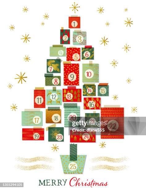 christmas tree presents advent calendar with gold on a transparent base - advent stock illustrations