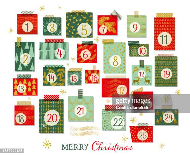 ilustraciones, imágenes clip art, dibujos animados e iconos de stock de calendario moderno de adviento de navidad sobre una base transparente - advent