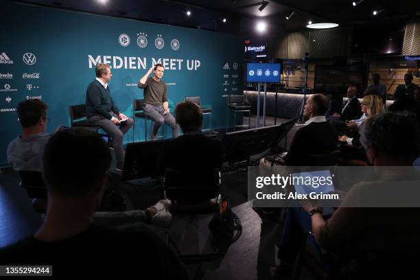 Director Oliver Bierhoff talks to the media during the DFB Bureau National Teams Media Day at Deutsche Bank Park on November 24, 2021 in Frankfurt am...