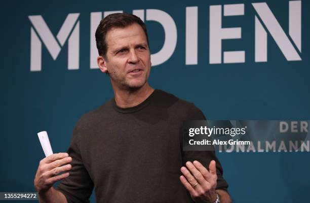 Director Oliver Bierhoff talks to the media during the DFB Bureau National Teams Media Day at Deutsche Bank Park on November 24, 2021 in Frankfurt am...