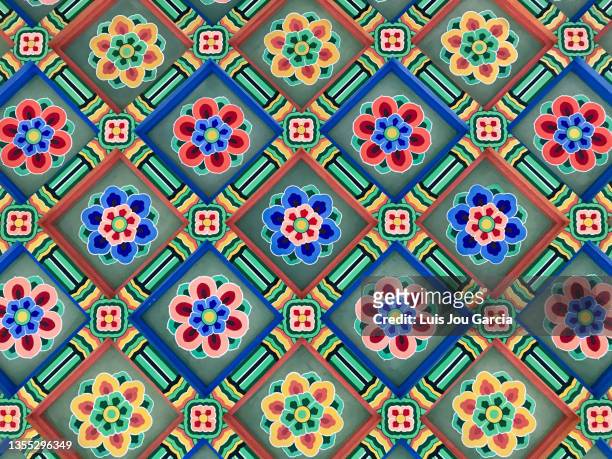 korean traditional geometric and floral pattern - far east stock pictures, royalty-free photos & images
