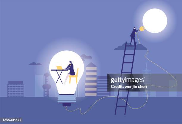 business men use the moon to charge female white-collar workers working in the light bulb. - abzeichen stock illustrations