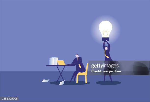 business man holding a light bulb to help a white-collar worker at work - abzeichen stock illustrations