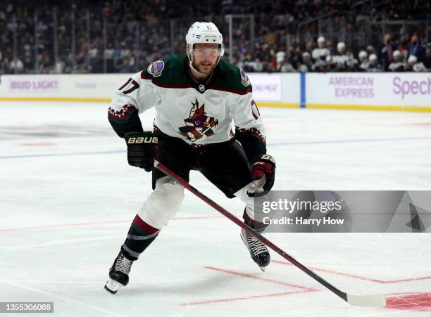 Alex Galchenyuk of the Arizona Coyotes forechecks during a 2-1 win over the Los Angeles Kings at Staples Center on November 21, 2021 in Los Angeles,...