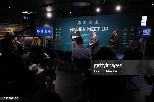 Joti Chatzialexiou, DFB Director of Sports, and DFB Director Oliver Bierhoff talk to the media during the DFB Bureau National Teams Media Day at...