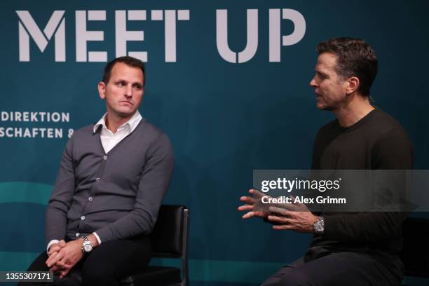 Joti Chatzialexiou, DFB Director of Sports, and DFB Director Oliver Bierhoff talk to the media during the DFB Bureau National Teams Media Day at...