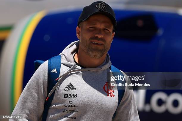 Diego Ribas of Flamengo arrives at the Carrasco International Airport on November 24, 2021 in Montevideo, Uruguay. Flamengo and Palmeiras will play...