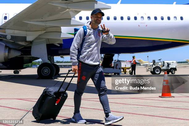 Diego Ribas of Flamengo arrives at the Carrasco International Airport on November 24, 2021 in Montevideo, Uruguay. Flamengo and Palmeiras will play...