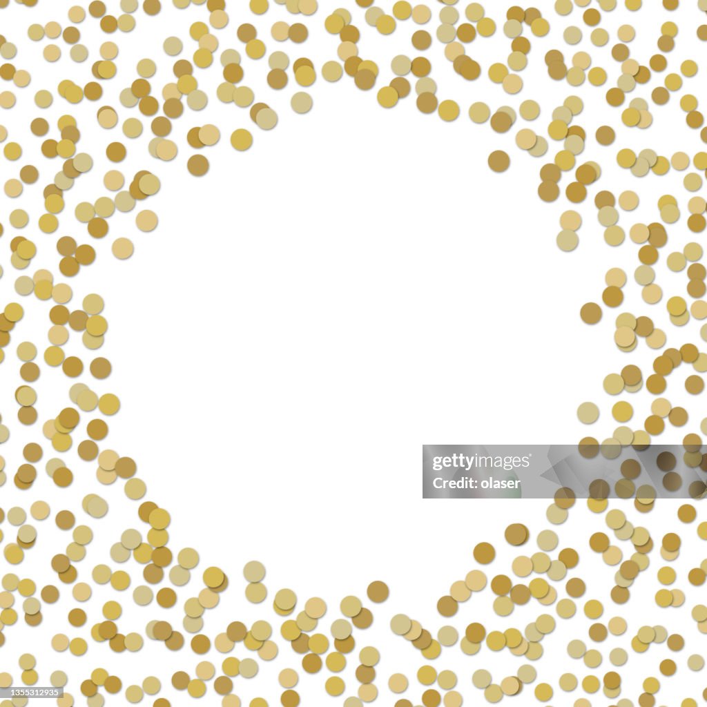 Golden 3D confetti around copy space.