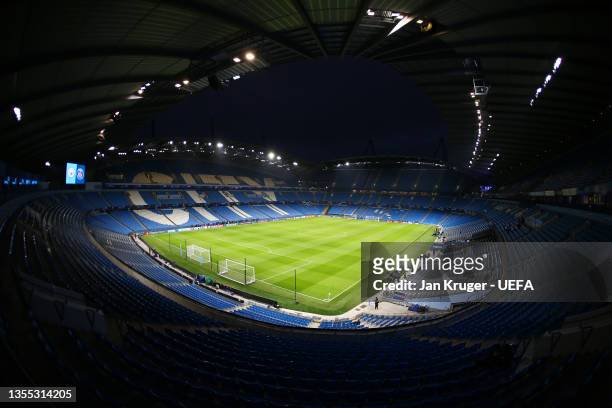 General view inside the stadium prior to the UEFA Champions League group A match between Manchester City and Paris Saint-Germain at Etihad Stadium on...