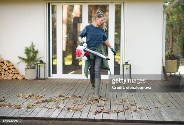 frau, die im garten arbeitet (haus, laubbläser) - laubbläser stock-fotos und bilder