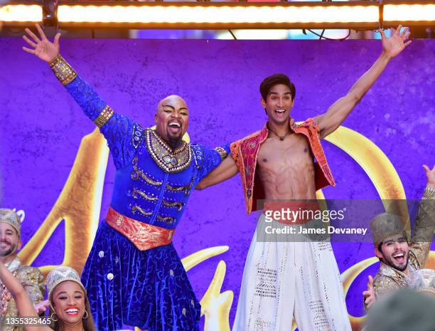 Michael James Scott and Michael Maliakel of Broadway’s ‘Aladdin’ perform outside ABC's "Good Morning America" in Times Square on November 24, 2021 in...