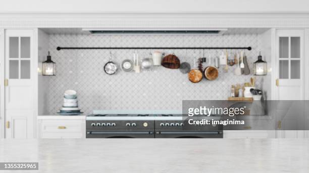 empty white marble kitchen countertop in modern kitchen - focus on foreground stock pictures, royalty-free photos & images