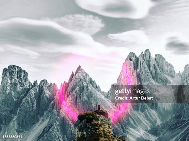 stunning red light circle performing in the alps mountains. - connected mindfulness work stock pictures, royalty-free photos & images