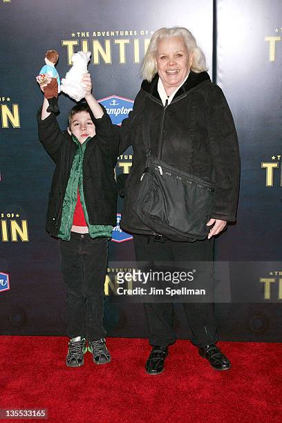 Actress Carroll Baker and grandson attend the "The Adventures of TinTin" New York premiere at the Ziegfeld Theatre on December 11, 2011 in New York...