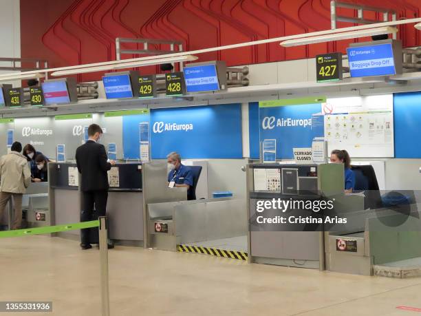 Passenger at check-in counters of Air Europa in the Adolfo Suarez Madrid-Barajas Airport on november 10, 2021 in Madrid, Spain.