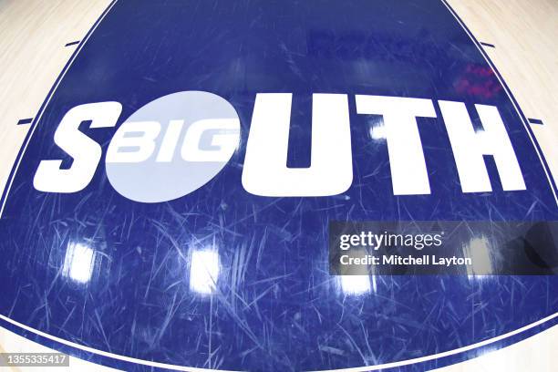 The Big South logo on the floor before the Jerome Kersey Classic college basketball game on November 20, 2021 in Farmville, Virginia.